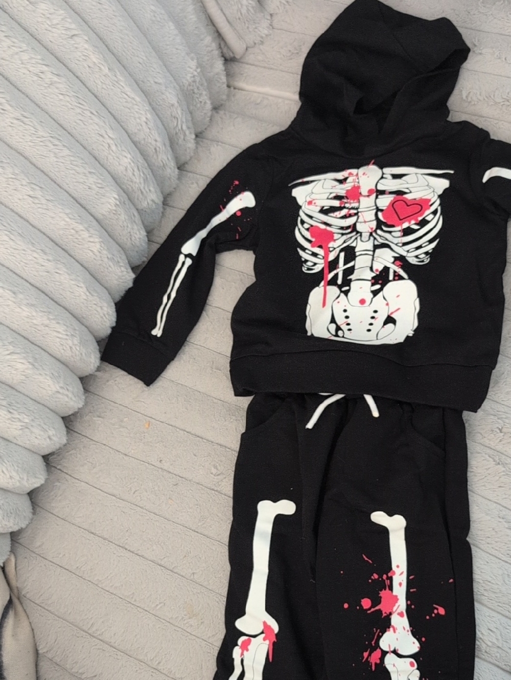 Black Skeleton Hoodie & Sweatpants Set with Red Accent